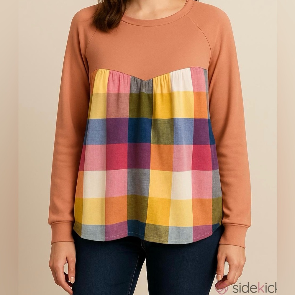 English Factory Peach Pink Yellow Plaid SZ M  Preppy Boho Cottagecore Sweatshirt